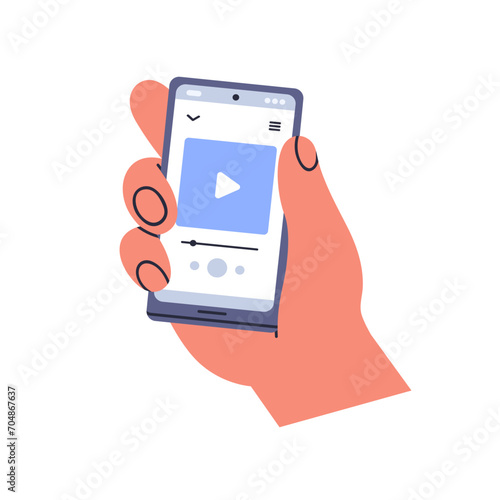Mobile music app on phone screen in hand. Holding smartphone, cellphone with mp3 player application for listening songs, audio, podcast. Flat vector illustration isolated on white background