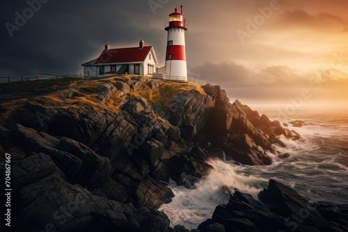 A stunning lighthouse standing atop a rugged cliff overlooking the vast ocean waves, A remote lighthouse home on a rugged coast, AI Generated
