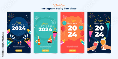 vector illustration happy new year 2024. concept template for christmas text star brochure on social media gray background.
