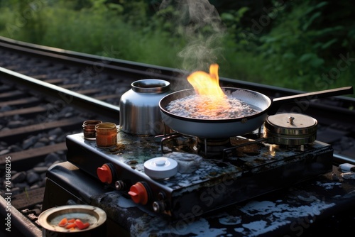Cooking breakfast on a portable stove.