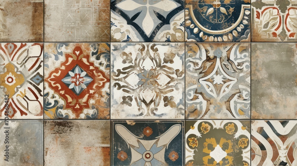  a close up of a tiled wall with many different colors and shapes of tiles in different shapes and sizes and sizes.