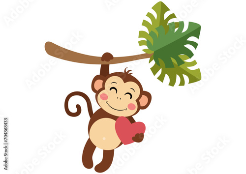 Cute monkey hanging from palm branch holding a heart