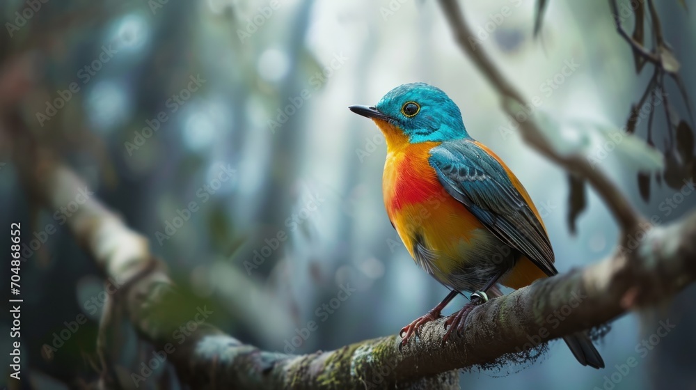  a colorful bird sitting on top of a tree branch in the middle of a forest with lots of trees in the background.