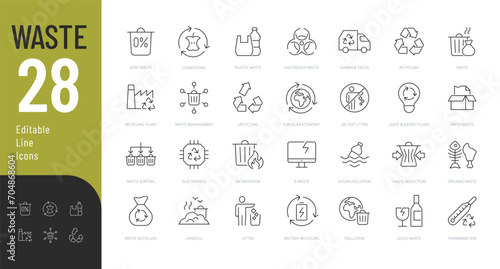 Waste Line Editable Icons set. Vector illustration in modern thin line style of pollution related icons: waste recycling, waste sorting and type of waste. Isolated on white photo