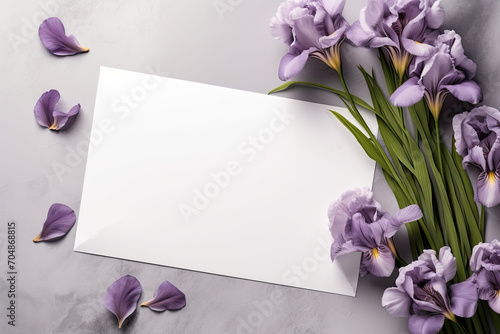white paper blank postcard mockup with purple flowers irises and petals on a gray light monochromatic background. birthday wedding template festive composition