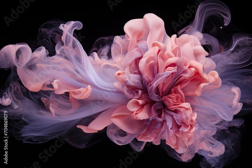 peach, pink pastel liquid surface with fabric texture drapery flower. transparent abstract wavy spot levitating on a dark background.