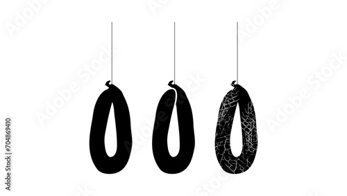 Sausage hanging on a thread, black isolated silhouette