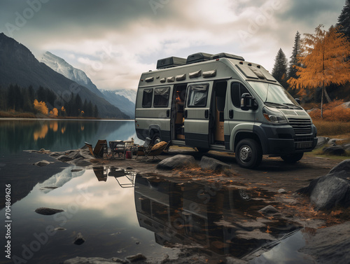 camping wohnwagen wohmbobile wohnmobil caravan steht an einem idylischen platz am Flussufer ki generiert photo
