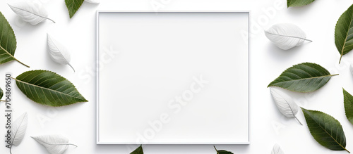 A white frame with leaves on a white background 