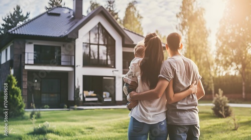 Young family looking at their new home standing with their backs, real estate purchase photo