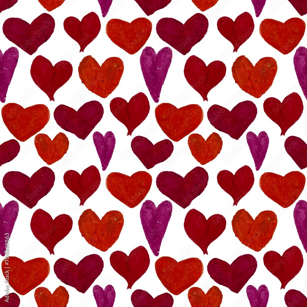 Love you Purple and red hearts on white background, hand drawn with oil pastels. Valentines Day raster seamless pattern