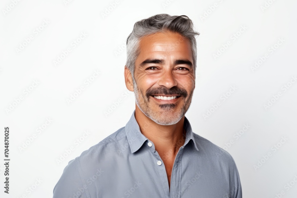 Portrait of a happy mature man smiling at the camera while standing against white background Portrait of a happy mature man smiling at the camera while standing against white background