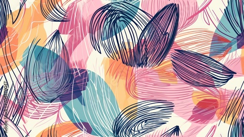  a multicolored pattern of leaves on a pink, blue, yellow, and pink background with a white background.