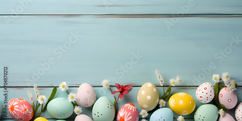 Color easter eggs on a wood background - Celebration design photo