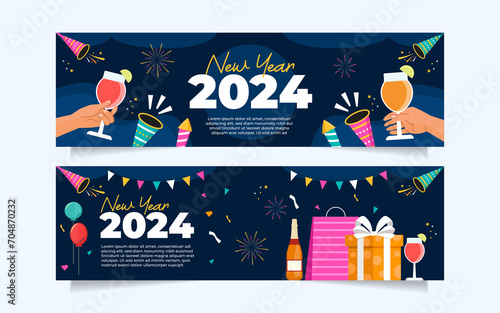Happy New Year 2024 banner icon set. illustration for Christmas day with 2024 celebration party, Web Poster, banner, cover card white background.