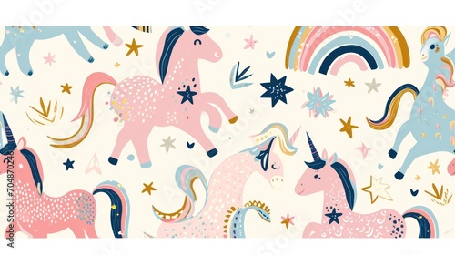  a pattern of unicorns and stars in pastel pink, blue, yellow, and green on a white background.