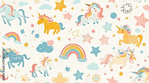  a pattern of unicorns, stars, and rainbows on a white background with blue, pink, yellow, and orange colors.