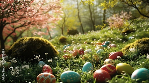  a bunch of eggs in a field of grass with trees in the background and flowers on the ground in the foreground.