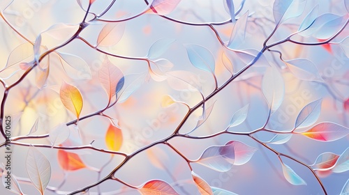 Multicolored translucent ice leaves on tree branch in delicate soft light evoking sense of awe and contemplation about resilience of nature, symbolizes quiet beauty and endurance natural world