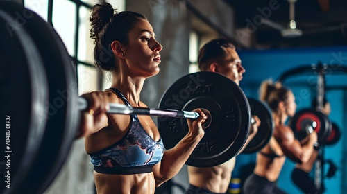 Sportive serious people lifting barbells in gym photo