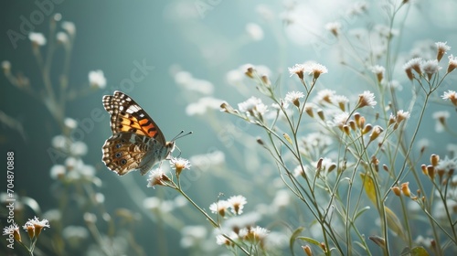  a butterfly sitting on top of a white flower next to a field of wildflowers with a blue sky in the background.