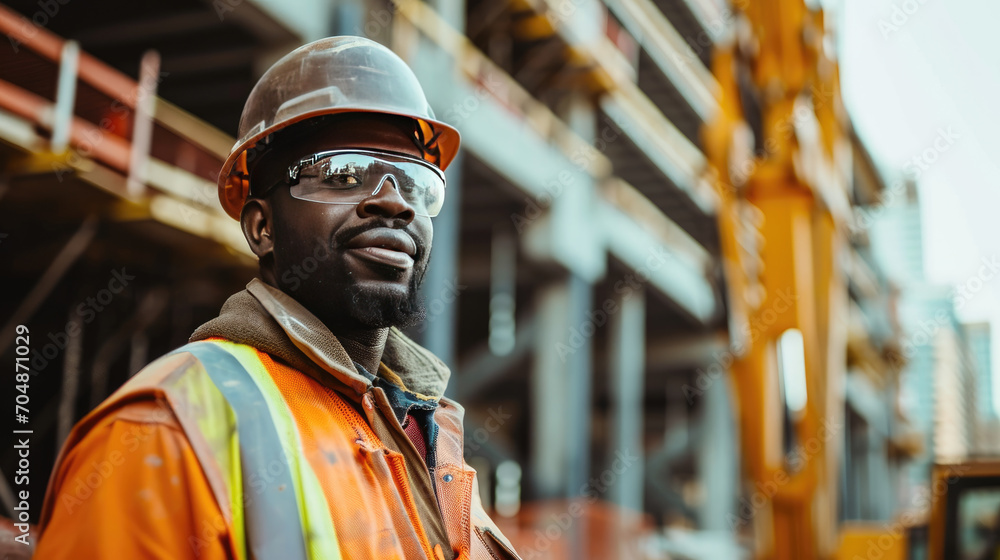 Portrait of a black construction worker dressed in work uniform and wearing a hard hat. He is posing at his work site, a building under construction Portrait of a black construction worker dressed in work uniform and wearing a hard hat. He is posing at his work site, a building under construction