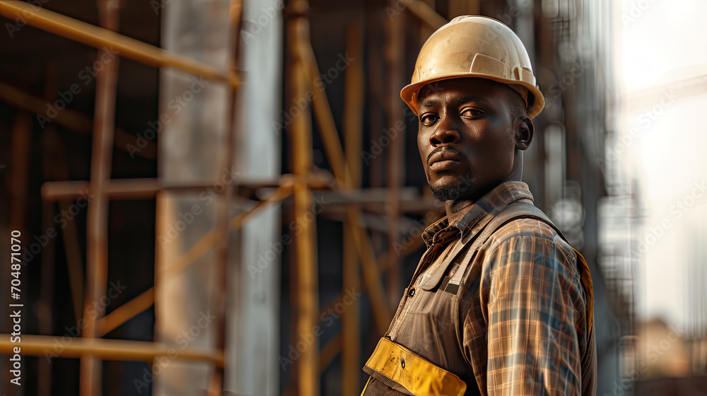 Portrait of a black construction worker dressed in work uniform and wearing a hard hat. He is posing at his work site, a building under construction Portrait of a black construction worker dressed in work uniform and wearing a hard hat. He is posing at his work site, a building under construction