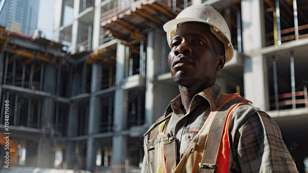 Portrait of a black construction worker dressed in work uniform and wearing a hard hat. He is posing at his work site, a building under construction Portrait of a black construction worker dressed in work uniform and wearing a hard hat. He is posing at his work site, a building under construction