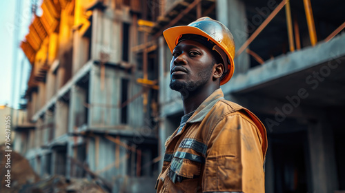 Portrait of a black construction worker dressed in work uniform and wearing a hard hat. He is posing at his work site, a building under construction © Farnaces