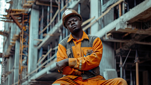 Portrait of a black construction worker dressed in work uniform and wearing a hard hat. He is posing at his work site, a building under construction