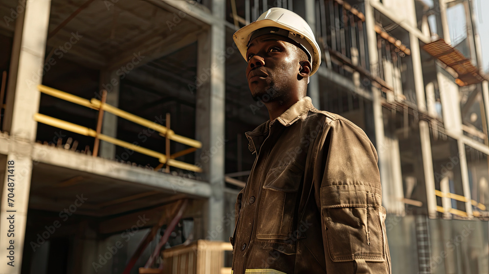 Portrait of a black construction worker dressed in work uniform and wearing a hard hat. He is posing at his work site, a building under construction Portrait of a black construction worker dressed in work uniform and wearing a hard hat. He is posing at his work site, a building under construction