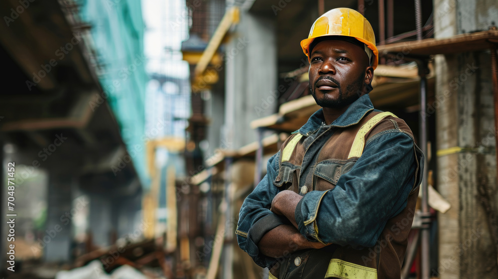 Portrait of a black construction worker dressed in work uniform and wearing a hard hat. He is posing at his work site, a building under construction Portrait of a black construction worker dressed in work uniform and wearing a hard hat. He is posing at his work site, a building under construction