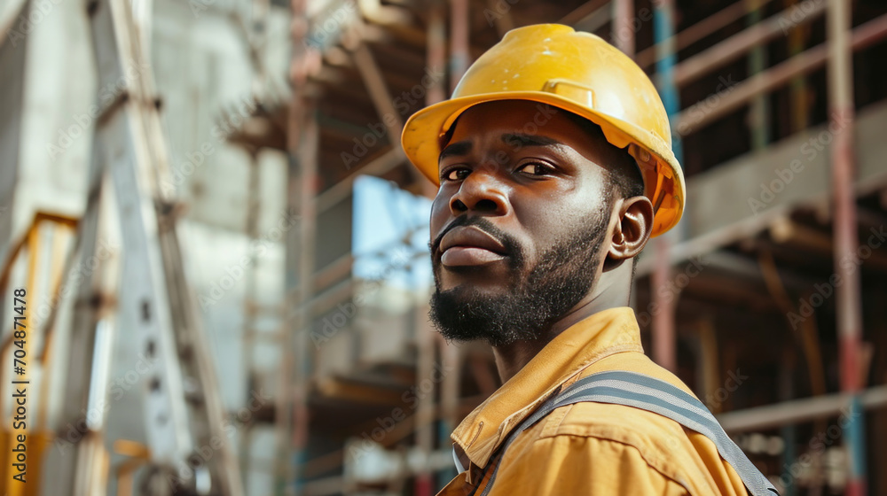 Portrait of a black construction worker dressed in work uniform and wearing a hard hat. He is posing at his work site, a building under construction Portrait of a black construction worker dressed in work uniform and wearing a hard hat. He is posing at his work site, a building under construction