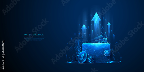 Digital Wallet with Cash and Dollar Coins. Increase Revenue Metaphor. Growth Arrows Up on a Blue Technology Background. Low Poly Wireframe Vector Illustration. Polygonal Business and Finance Concept.