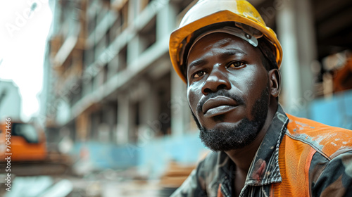 Portrait of a black construction worker dressed in work uniform and wearing a hard hat. He is posing at his work site, a building under construction photo