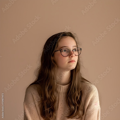 portrait of 13 years old girl teen on beige background 