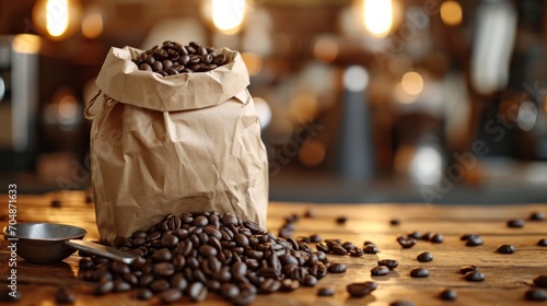 Fresh Roasted Coffee Beans in a Kraft Paper Bag photo