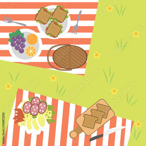 Outdoor picnic time invitation card vector illustration. concept of Food, wine, bread, tomatoes. picnic accessories background. Waiting for summer. © Hans