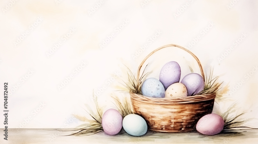 Watercolor vintage colorful handmade Easter eggs in wicker basket with ...