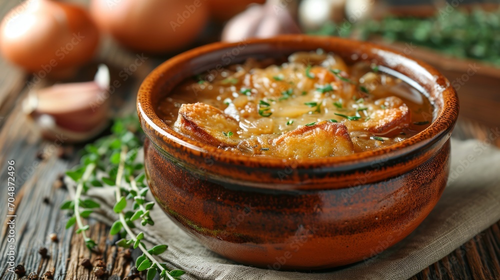 Traditional French Onion Soup with Melted Cheese and Croutons Traditional French Onion Soup with Melted Cheese and Croutons