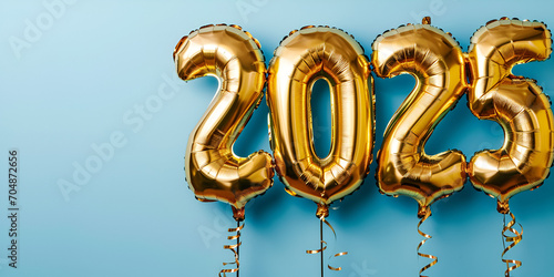 2025, Golden Inflatable Balloons, Celebration, Festive, Cofetti, blue Background, Backdrop, Banner, happy new year,