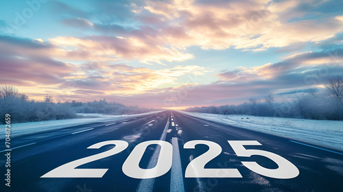 2025 new year at beautiful empty highway at sunrise, generative ai photo