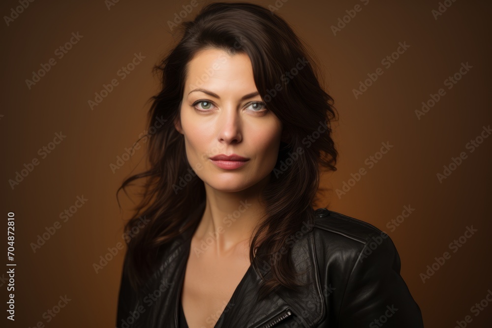 Portrait of a beautiful brunette woman in a leather jacket on a brown background Portrait of a beautiful brunette woman in a leather jacket on a brown background