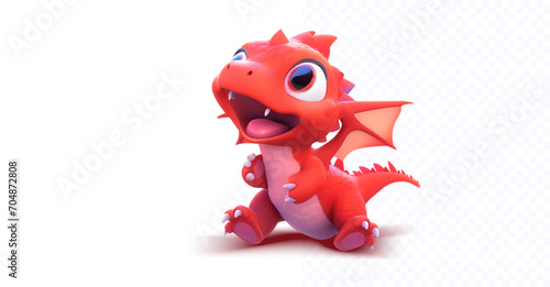 Adorable 3D Cartoon Baby Dragon with a Playful Expression on a White Background. Young dragon with a redcolor scheme. Vector illustration