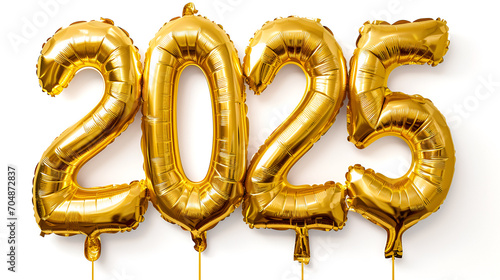 2025 balloon text on white background. Happy New year eve invitation with Christmas gold foil balloons 2025. Flat lay long web banner photo