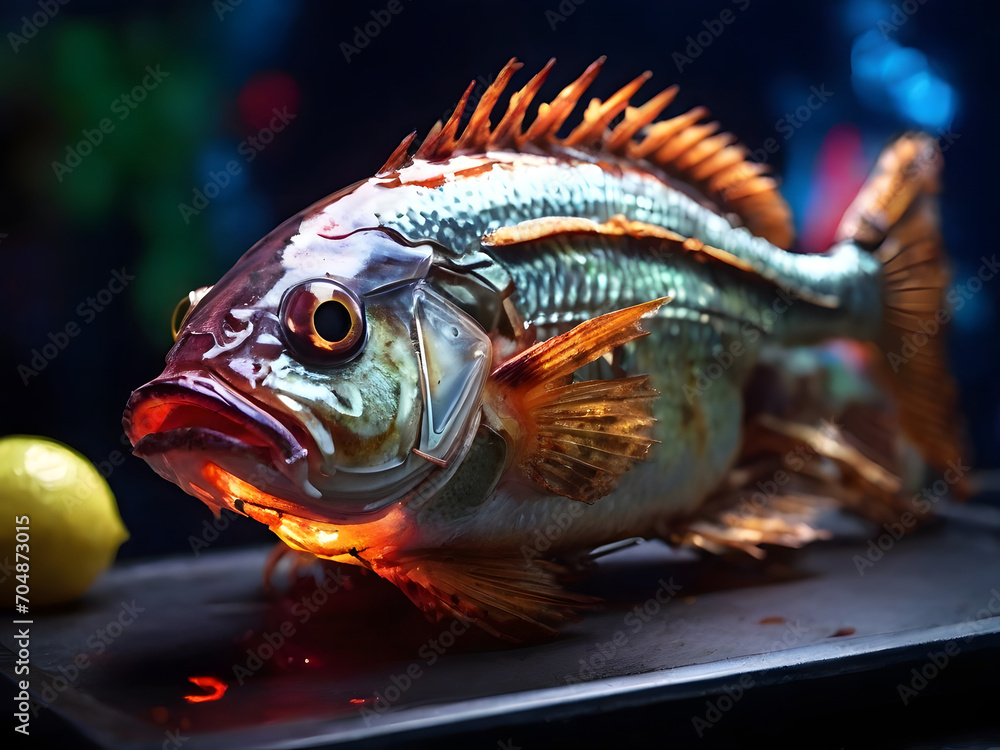 Fototapeta premium fish in a restraunt behind neon light , fish in a plate , grilled fish with lemon