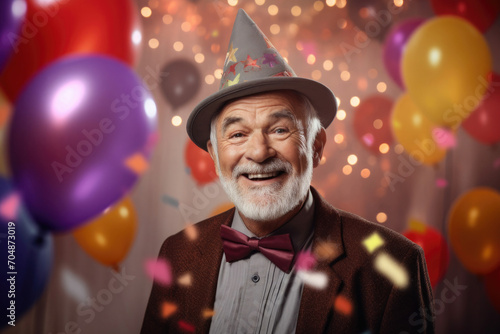 grandfather with gray beard celebrates birthday with confetti and balloons