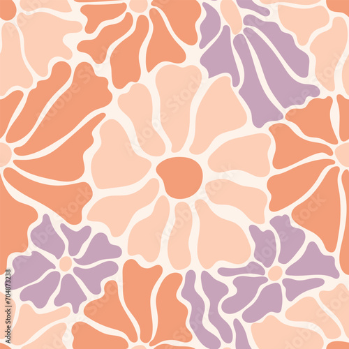 Seamless pattern with cute retro groovy flowers in peach fuzz colors. Summer simple abstract design in naive art style . 60s vintage style plants. Colorful psychedelic background. Vector illustration