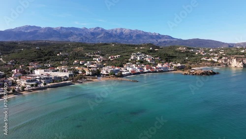 Crete, Greece. Aerial drone shot. Falassarna Beach in Chania, Elafonisi lagoon, Falassarna, Hills and town of Palaiokastro, Old christian church ruins in Crete, Katholiko Monastery greek landmark photo