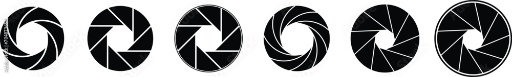 Camera shutter icons set. Camera lens diaphragm. Photo camera icon. Camera photography icons. Lens aperture, photo shutter, photo lens, shutter lens. Vector illustration